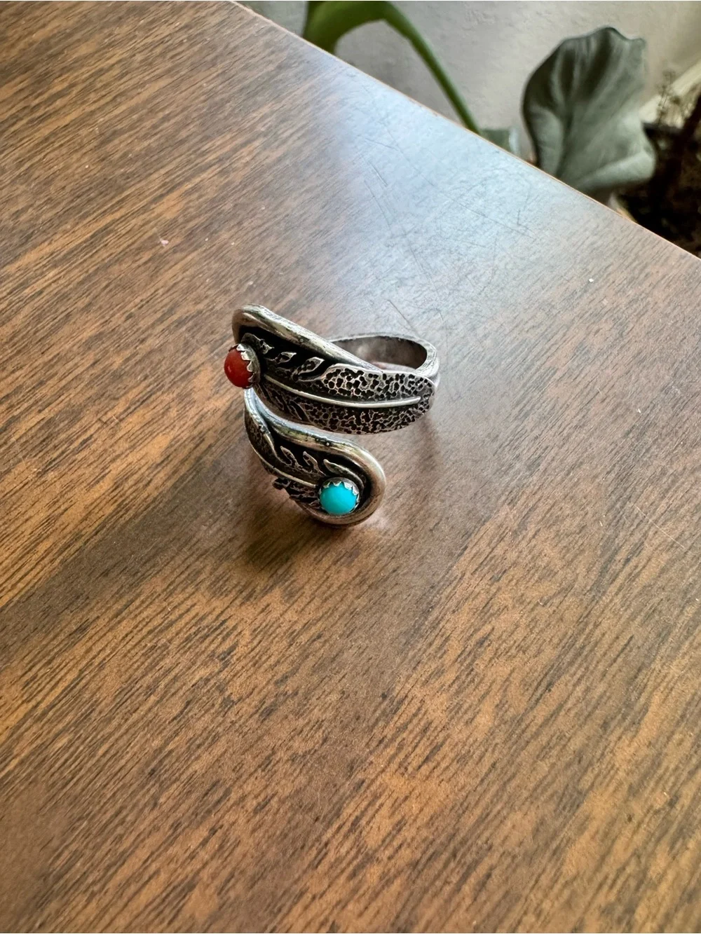 Navajo handmade, stamped, sterling silver turquoise and coral adjustable ring